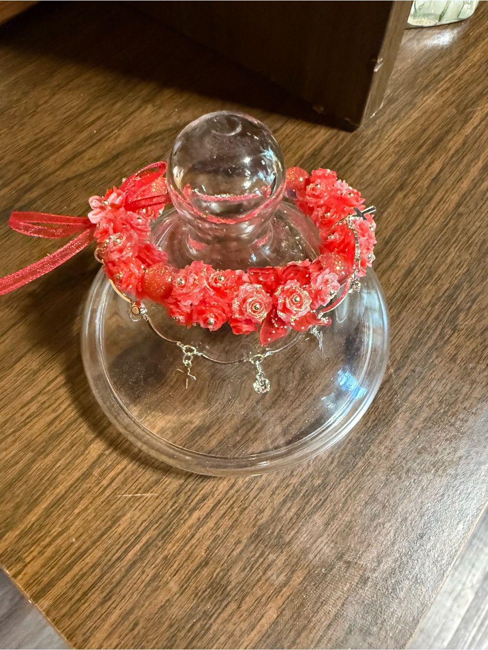 Red Floral Ribbon Bracelet with Charms